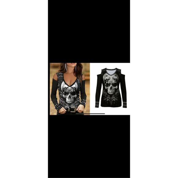 Skull V-neck Long sleeve top with contrast trim, medium stretch Tag says 2X but - Picture 11 of 11
